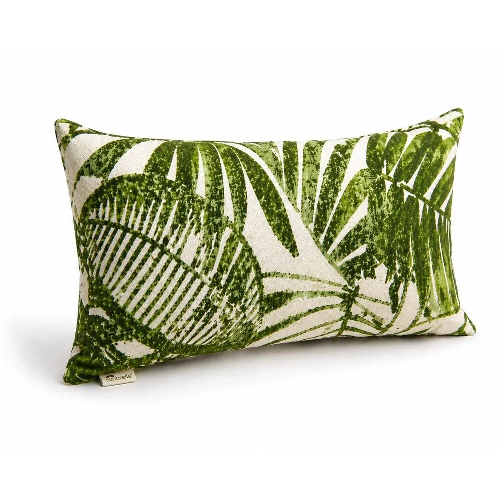 Pottery Barn Sunbrella Lumbar Pillow Green Tropical Leaf Outdoor Cushion 12x24 P